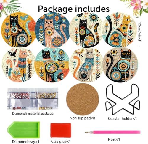 8 Pack Diamond Art Coasters Kit for Adults, Cat Diamond Painting Coasters