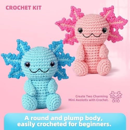 MOREJMTT Crochet Kit for Beginners, Crochet Animal Kits,Crocheting Kit for Starters with Step-by-Step Video Tutorials, Beginner Crochet Kits for Adults (2Pack Axolotl)