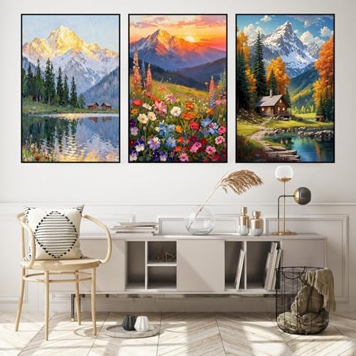 3 Pack Framed Paint by Numbers for Adult with Wooden Easel (8x12 inch) | Mountain Scene Paint by Number on Canvas Oil Painting Kit with Brushes, Easy Adults' Paint-by-Number Kits for Home Wall Decor
