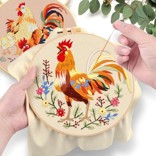 ERKOON 3 Sets Embroidery Kit, Floral Cross Stitch Set for Include Embroidery Cloth Hoops Threads for Craft Lover Hand Stitch (Rooster)