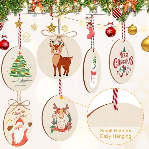 Philorn 50pcs Wooden Ornaments for Crafts 3.5" DIY Wooden Ornaments | for Crafts 3.5" Unfinished DIY Wooden Ornaments, Predrilled Wood Slices Circles for Crafts Paint Holiday Hanging Decorations