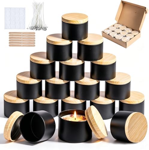 8oz Black Candle Tins with Wood Grain Lids, Matte Jars for Candle Making, Empty Metal Container, Bulk Empty Containers for Beginners & DIY Storage (Black with Woodgrain Lid, 8oz-12pcs)