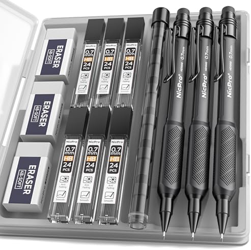 Nicpro 0.7 mm Mechanical Pencil Set with Case, 3PCS Mechanical Pencils 0.7