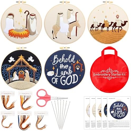 Tigeen 5 Sets Christian Nativity Scene Embroidery Kits for Starter Beginners Adult Jesus Cross Stitch Embroidery Kit Christian DIY Crafts Ornament with Instruction Hoop Needle Thread Needle Threader