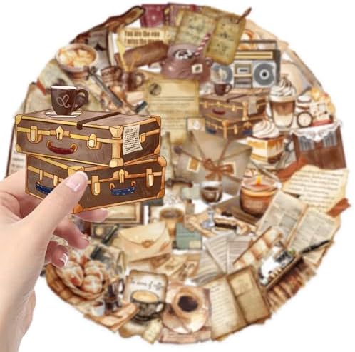 100 Pcs PET Transparent Vintage Coffee Stickers, Waterproof Vinyl Retro Coffee-Themed Decals for Laptop Skateboard Luggage, Watercolor Coffee & Daily Life Stickers Gift for Teens Adults(Retro coffees)