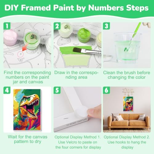 KEYIFA Paint by Numbers for Adults on Framed Canvas - with Wooden Easel, Colorful T-Rex Painting by Number Kit for Beginners, DIY Cartoon Acrylic Paint-by-Number Kits for Home Wall Decor (8x12 inch)