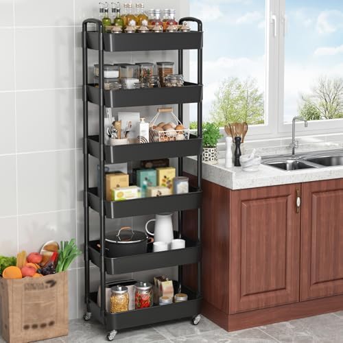 Sywhitta 6-Tier Plastic Rolling Utility Cart with Wheels for Storage,Black