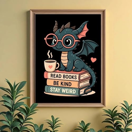 ckdiluy Cartoon Dragon Diamond Art Kits for Adults Beginners, 5D DIY Read Books Diamond Painting Kits, Full Round Drill Diamonds Dots Gem Art Crystal, Home Wall Decor 12X16 Inch