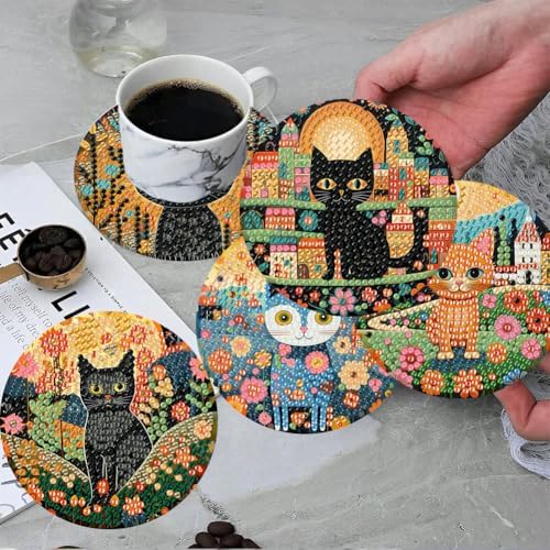 ijbnhd 8 PCS Diamond Art Coasters Kit Cat Diamond Painting Coasters