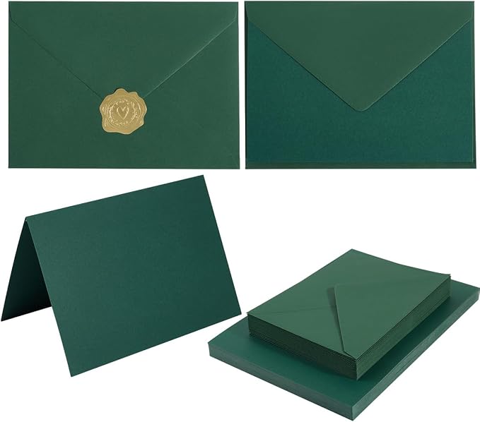 50 Pack Dark Green A7 Envelopes with Cards and Gold Stickers, 5x7