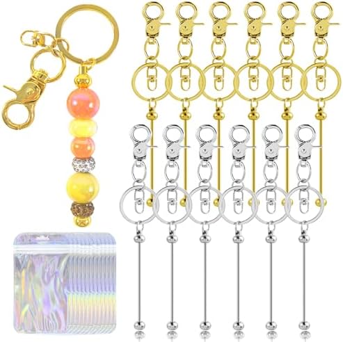 24Pcs Beadable Keychains Bars bulk - 12 Gold & Silver DIY Metal Beaded Keychain Making Kit + 12 Bags Included, Bead Keychain Supplies,Blank Key Chain, Perfect for Women, Men, Birthday Gift