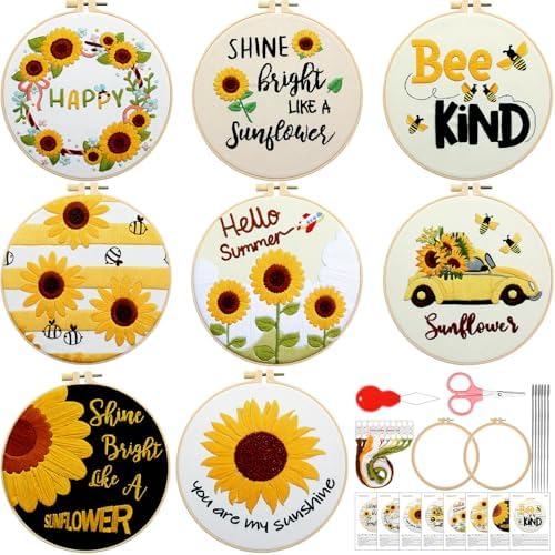 Riceshoot 8 Set Sunflower Embroidery Kits for Beginner Adults Bee Cross Stitch Kit DIY Needlepoint with Pattern Instruction, Hoop, Embroidery Fabric, Thread, Needle, Scissor, Gift for Home Decor