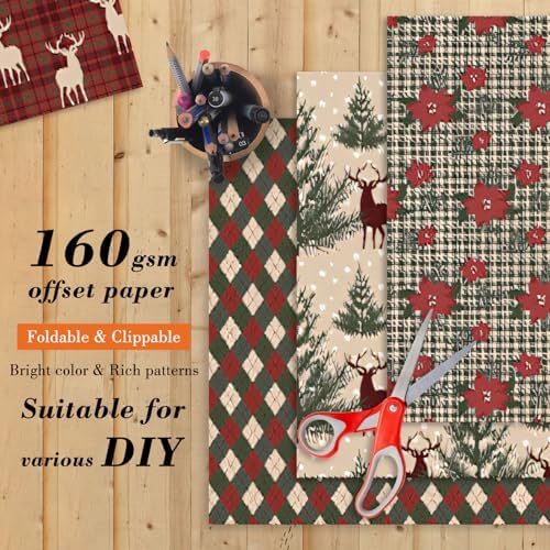 Christmas Decorative Scrapbook Paper Pad - 12x 12in 24 Sheets Patterns Designed Decoupage Supplies for Journaling Folded Cardstock Making Origami DIY Crafts Gift Wrapping Material