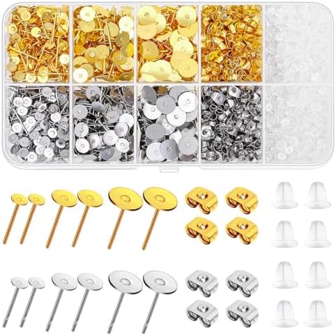 Hypoallergenic Earring Posts and Backs, Caffox 2000pcs Stud Earrings Making Kit with Ear Ring Base and Earring Backs for Leather Stud, Clay, Pearl Jewelry Making (Gold & Silver)