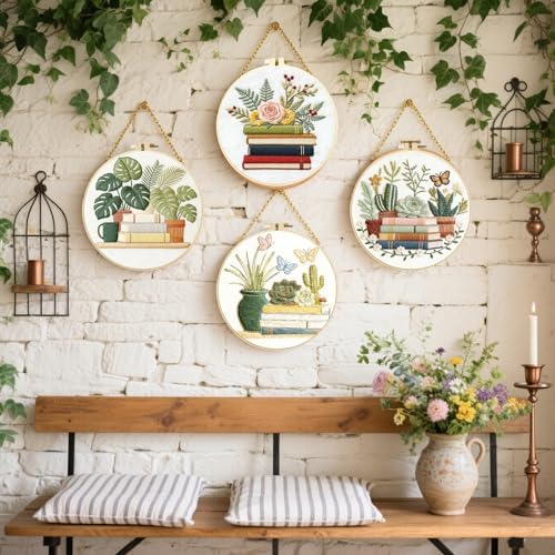 FREEBLOSS 4 Sets Embroidery Kit for Beginners Needlepoint Embroidery Starter Kit with Plants and Books Stamped Patterns, Instructions, Colored Threads, 2 Hoops 20cm/7.9inch