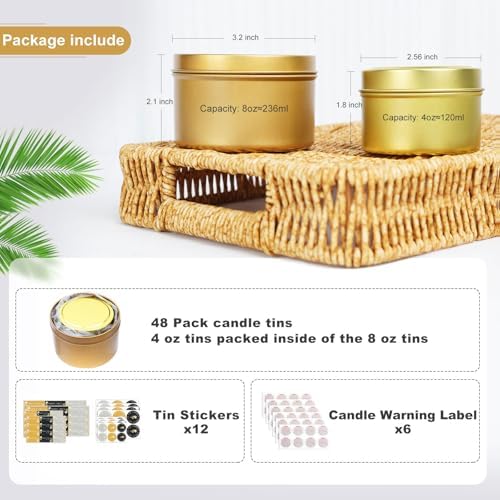 CONNOO 48 Pack - 24pcs 8oz & 24pcs 4oz Matte Gold Candle Tins with Lids