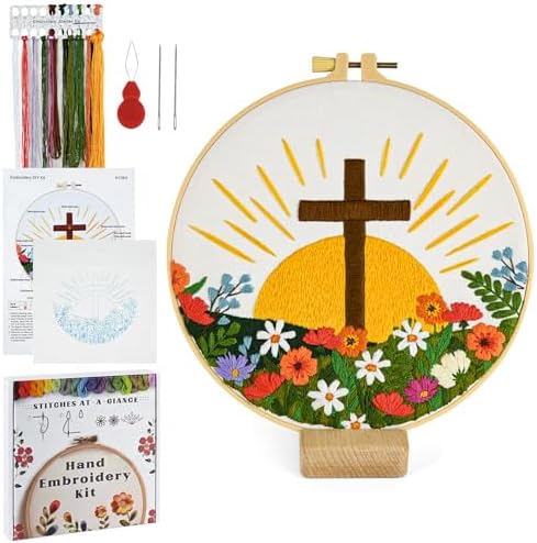 ElasignShopo Christian Embroidery Kit for Beginners Adults, Easy Cross Stitch Kit Easter Cross Jesus Pattern Embroidery Starter Kits with Wooden Hoop, Needles, Threads and Instruction Easter Gift