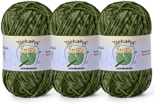 3 Pack of 300g (590yds) Fuzzy Chenille Yarn for Crocheting,Fluffy Amigurumi Crochet Yarn for DIY Craft/Hat/Clothes, Soft Velvet Baby Blanket Yarns（3 Army Green）