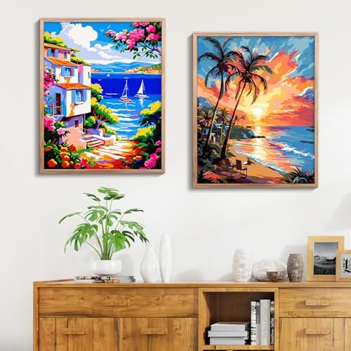 ZTOTZ Pink Landscape Paint by Numbers kit for Adults,Easy Paint by Numbers kit Seaside,Summer Holiday Number Painting for adults16X20 inch