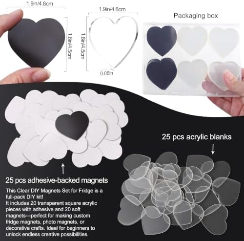 25 Pcs DIY Acrylic Fridge Magnet Kit Heart Fridge Magnet Craft Set with Adhesive Backing Make Your Own Magnet Kit for Photo Office Classroom Cabinets Kitchen 2 Inch DTBX- (Heart)