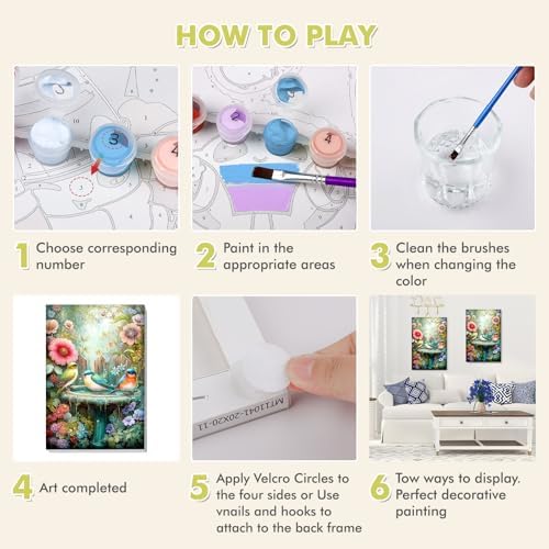 Bowetile Framed Paint by Numbers Bird Kit for Adults, Adults' Paint-by-Number Kits on Canvas, Painting by Numbers Flower, Acrylic Fountain Number Painting Gifts for Home Wall Decor, 8x12in
