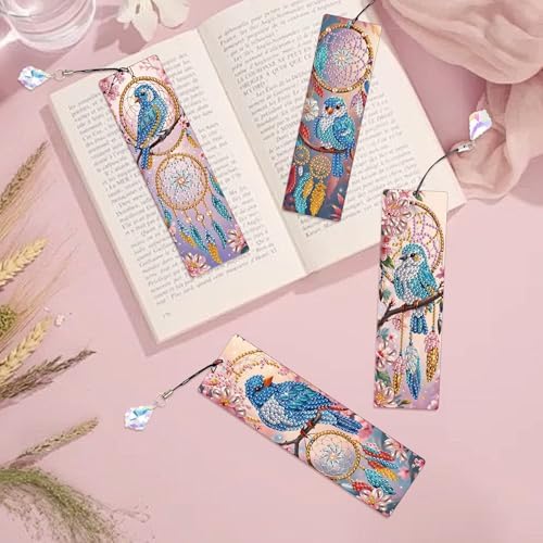 4 Pcs DIY 5D Diamond Painting Bookmark Kits for Adults, Acrylic Crystal Rhinestones Book Marks, Dreamcatcher Bluebird Diamond Art Bookmarks with Crystal Pendant, Handmade Tassel Bookmarks Gift Set