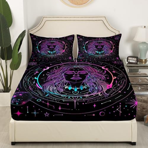 Manfei Boho Style Sheet Set Starry Galaxy Sun Moon Bedding Set Exotic Constellation Bed Sheets Teens Room Decor Black Purple (Full Flat & Fitted Sheet with 2 Pillow Case)