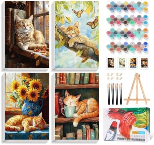 4 Pcs Framed Paint by Numbers Kit for Adults Sleeping Cat with Wooden Easel | With Frame Canvas, Cat DIY Acrylic Painting, For Adults Beginner, Stress Relief Craft Kits, Home Wall Decor Gift, 8x12 IN