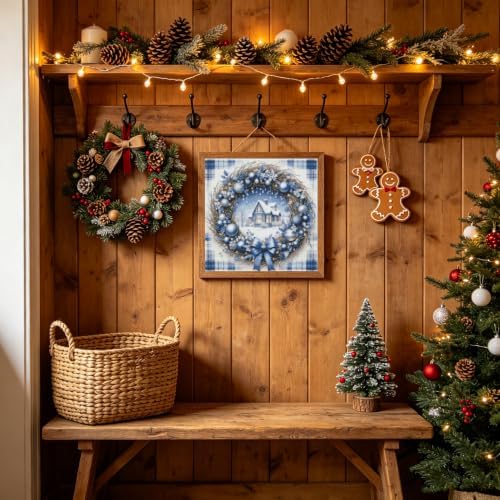 KYOQFVN Winter Stamping Cross Stitch Kit, 11 CT Christmas House Cross Stitch Kits for Adults, Full Line DIY Stitching Kit for Home Decor Cross Stitch Patterns 14x14 inches