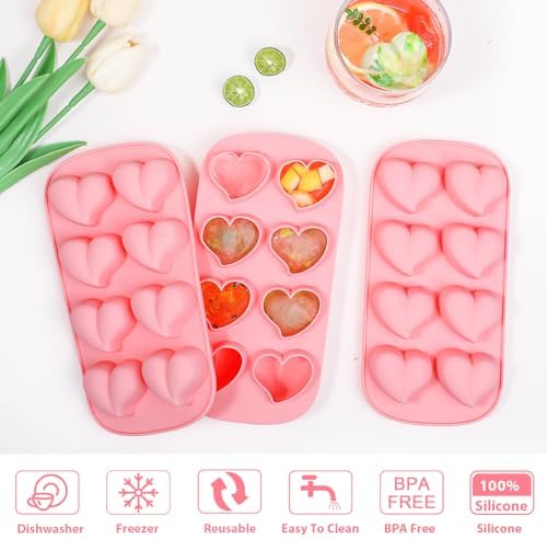 Webake Heart Shpaed Ice Cube Trays, 8-Cavity Heart Silicone Molds for Whiskey, Cocktail, Chocolate, Ice Cubes, Candy with Fun Shapes (Pack of 3)