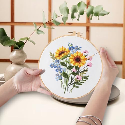 Ohcol 3 Sets Embroidery Kit for Beginners Cross Stitch Kits Needlepoint Kits Crafts for Adults with 3 Embroidery Hoops Easy-to-Follow Operating Instructions,Needle Point Kits with Flowers Patterns