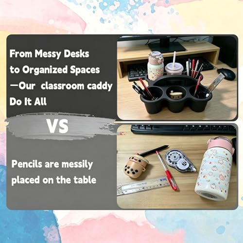 6 Pack Classroom Caddy Organizer with Handle Black Plastic Table Caddy 6 Compartments Storage Cup Holder for School Supplies Art Crafts Crayons Pencils Stackable Desk Caddy for Office Home