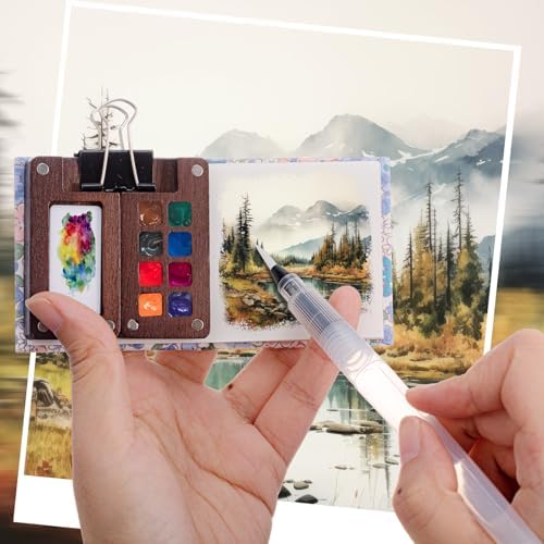 Qilery Mini Portable Watercolor Palette Set Wooden Grid Paint Box Watercolor Paper Sketch Book Brush Pens with Binder Clip for Painters Artist Not Include Paint(Summer Flowers)