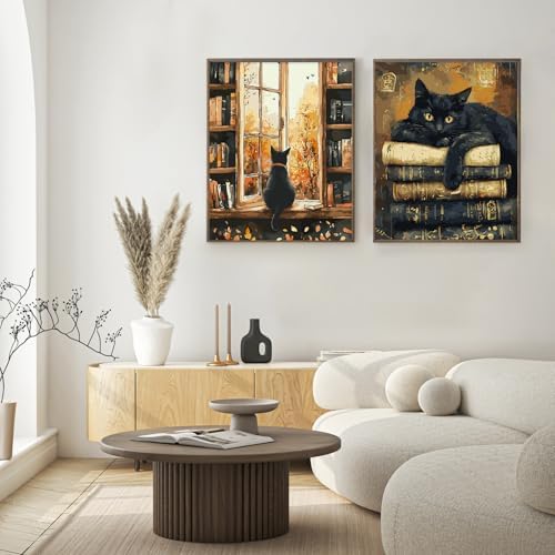 Possoco 2 Pack Paint by Numbers Kit for Adults Beginner, Black Cat Adult Paint by Number Kits on Canvas, DIY Acrylic Vintage Books Number Painting for Adults for Home Decor Gift 16x20 Inch