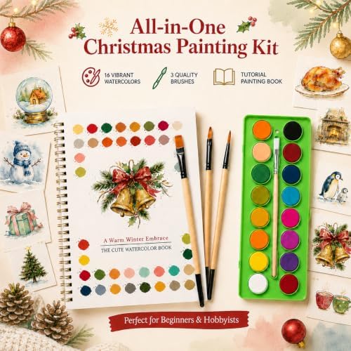 EIOLUIK Christmas Watercolor Workbook Set - 12 Paintings, 16 Paints, 3 Brushes
