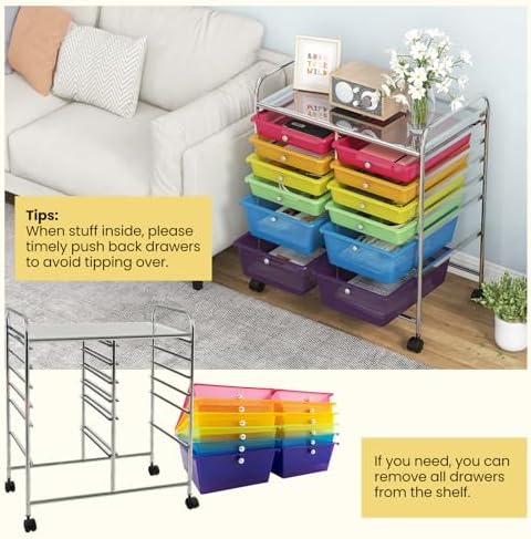 LDAILY 12 Drawer Rolling Storage Cart, Craft Cart Organizer on Wheels w/Metal Frame, Large Capacity & Smooth Drawer, Rolling Cart w/Drawers for Classroom, Office
