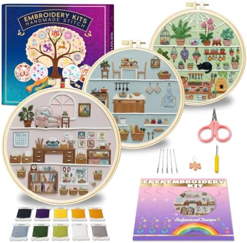 Huacan Embroidery Kit for Adults Beginners with 3 Hoops & Gift Box