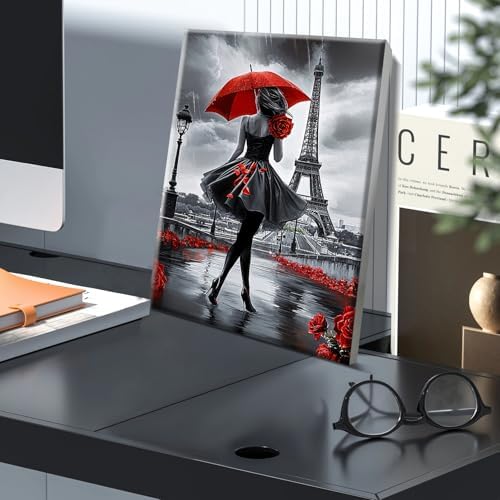 JOOZ Paint by Numbers Kit for Adults with Frame, Eiffel Tower Paint by Number with Easel, DIY Rose Woman Oil Painting by Numbers with Red Umbrella, Adult Paint by Number Kits for Wall Decor 8x12 Inch