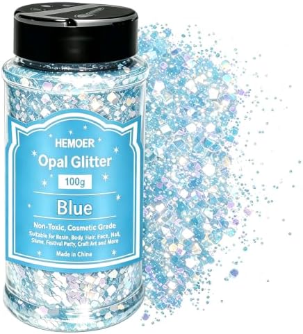 HEMOER Blue Opal Glitter 100g/3.5oz, Cosmetic Mixed Hexagon Chunky & Fine Craft Glitter Resin Sequins for Epoxy Glass, Resin Art, Body, Hair, Face, Nail, Tumbler, Festival Party