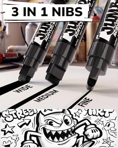 JusArt 4 Pcs Black Jumbo Poster Marker Set, 15mm and 0.7mm Tip