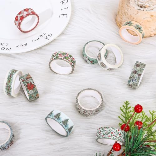 Whaline 12 Rolls Christmas Floral Washi Tape Xmas Watercolor Berry Holly Leaves Pine Cones Elk Bell Plants Masking Tape Winter Holiday Decorative Tape for Scrapbook Journal DIY Craft Gift Wrapping