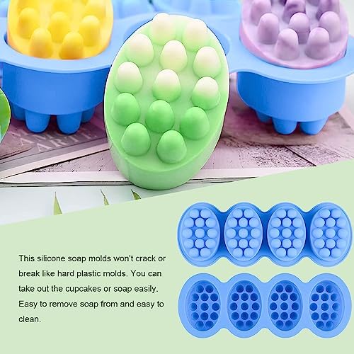 Silicone Soap Mold, 4 Cavity Oval Massage Soap Mould Cookie Chocolate Cake Mold Tray for DIY Homemade Craft (Blue)