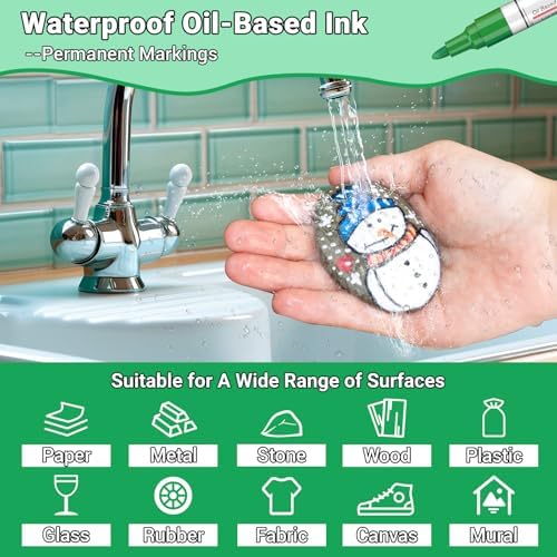 Oil Based Paint Pen, Permanent Paint Marker: Quick-Dry, Waterproof Marker Set of 12 for Rock Painting, Glass, Fabric, Ceramic, Wood, Metal, Mug, Plastic, Stone, Christmas Art Craft Supplies Kit