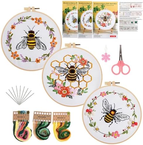 Konrisa Embroidery Kits for Adults Beginner, European Style Bees Collect Honey Stamped Embroidery Starter Kit,DIY Sewing Practice, Needlepoint Cross Stitch Kit,Set of 3