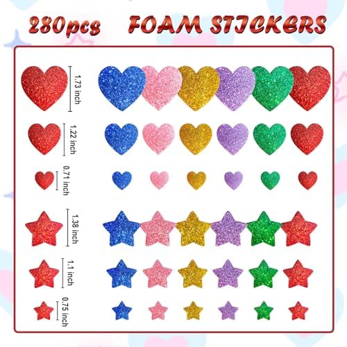 280 Pcs Glitter Foam Stickers Colorful Foam Stars and Hearts Self-Adhesive Stickers for DIY Scrapbooks Greeting Cards Arts Craft Supplies Christmas Birthday Holiday Party Decor