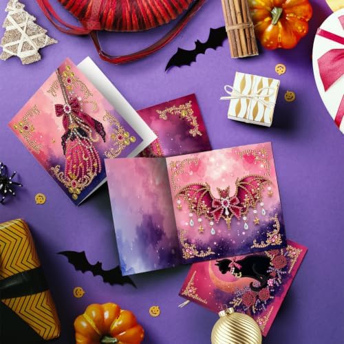 POETRYDRAW DIY Diamond Art Painting Greeting Card Kit, Creative Craft Set for Card Making，Pink Halloween