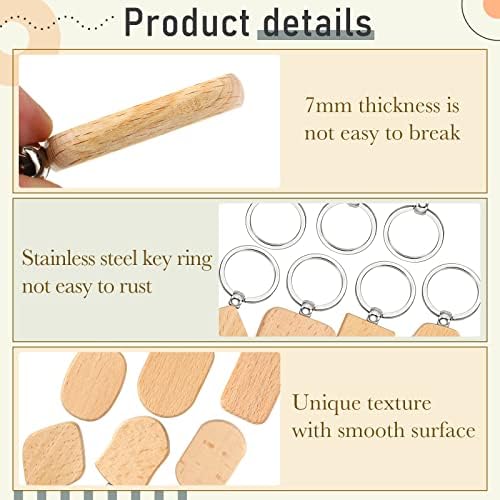 Cunno 40 Pcs Wood Keychain Blanks Unfinished Key Ring, Assorted Shapes
