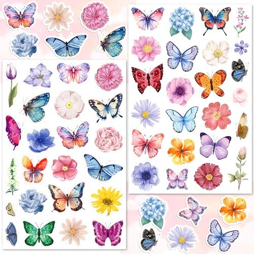 LINAYE 24 Sheets Butterfly Flower Stickers for Kids Adults, Spring Butterfly Flower Decorative Stickers Bulk for Crafts Envelops Scrapbooking, Butterfly Party Favors Supplies for Kids Classroom