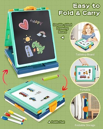 Elovien Easel for Kids,Tabletop Easel for Toddler, Foldable 4 in 1 Double Sided Kids Art Easel with Chalkboard & Magnetic Whiteboard,Portable Desktop Drawing Board - Gift for Boys and Girls (Green)