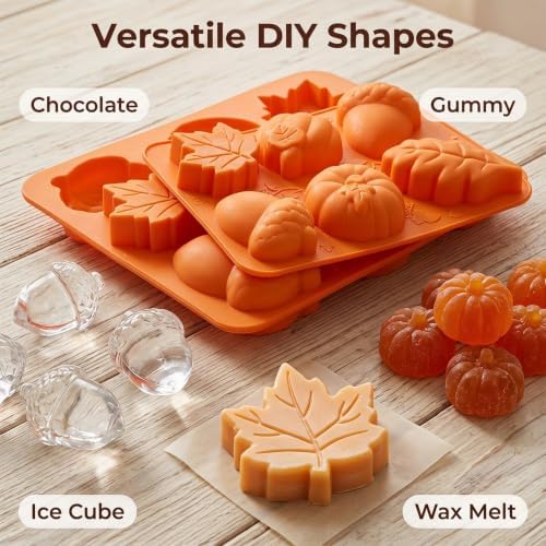 2Pcs Pumpkin Silicone Mold - 3D Fall Silicone Mold Thanksgiving Candy Mold Autumn Maple Leaf Acorn shape Chocolate Mold Soap Candy Cake Pan Baking Molds for Cake Cupcake Decoration